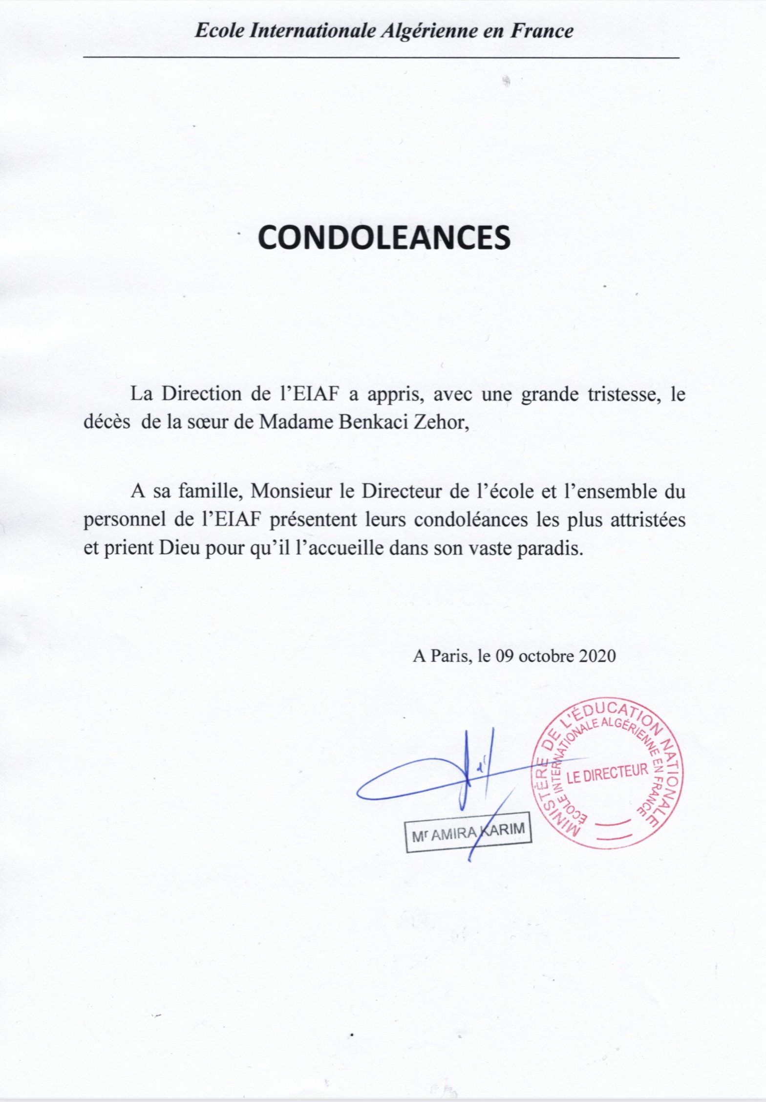 Condolences EIAF sœur Benkaci