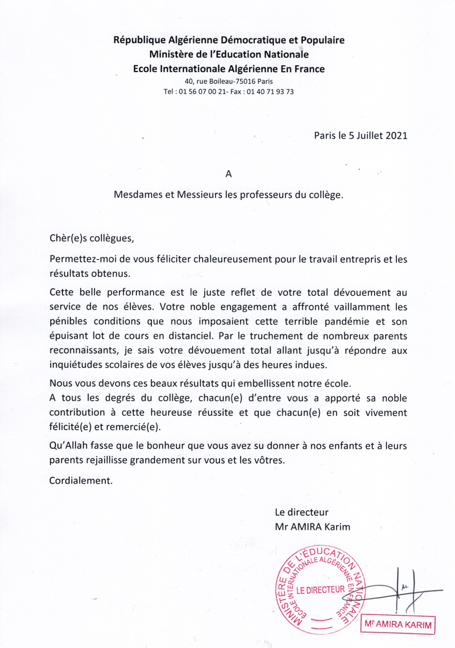 Félicitations enseignants du collège EIAF